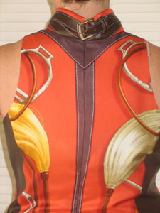 Closure at the back neck was created using English bridle bit buckles as depicted on the scarf.